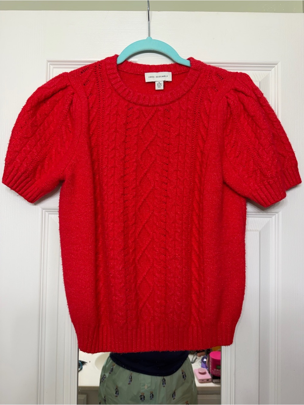 Bright Red Cable-Knit Puff Sleeve Sweater by Free Assembly